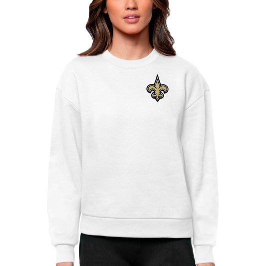 Women's Antigua White New Orleans Saints Victory Crewneck Pullover Sweatshirt