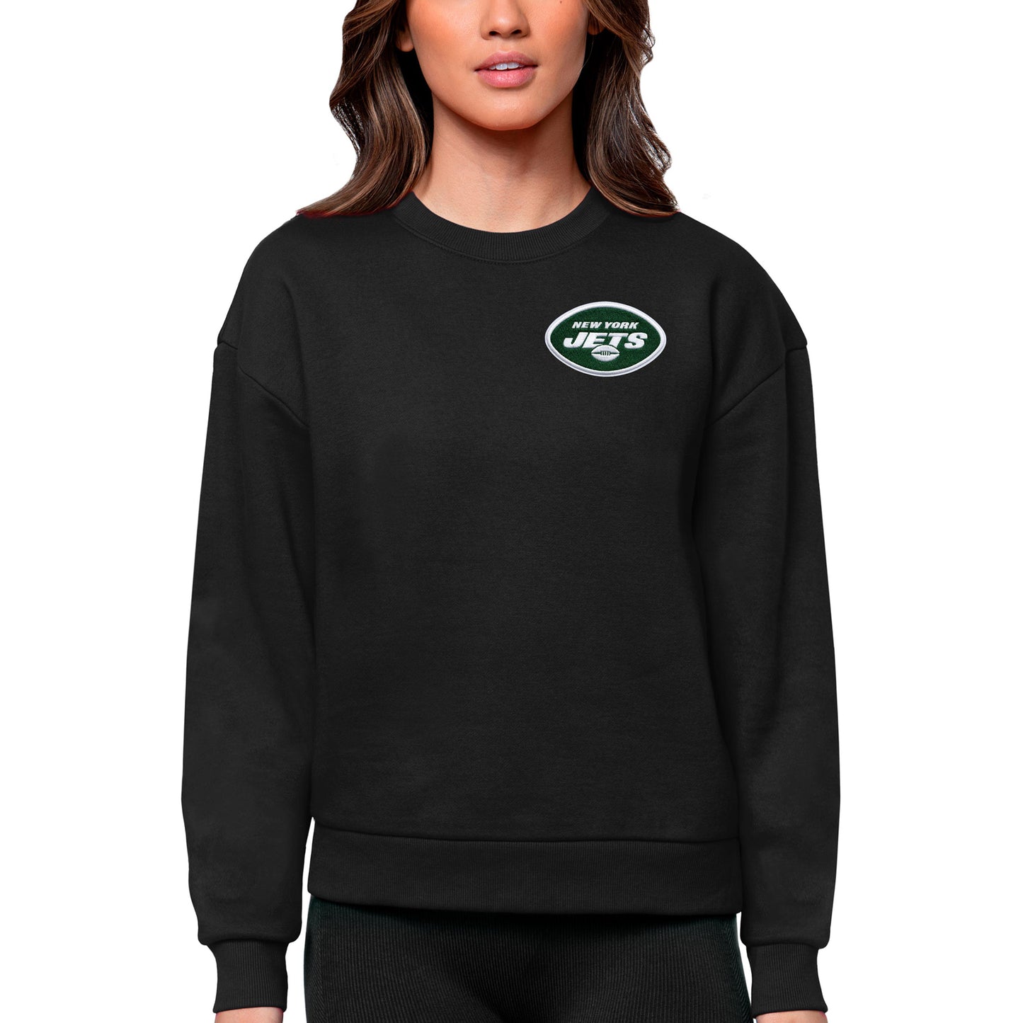 Women's Antigua Black New York Jets Victory Crewneck Pullover Sweatshirt