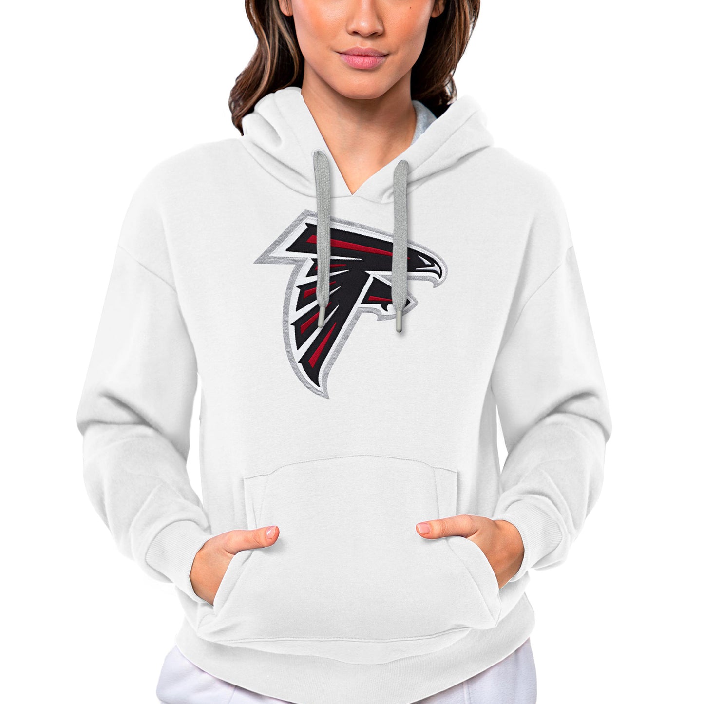 Women's Antigua White Atlanta Falcons Victory Logo Pullover Hoodie