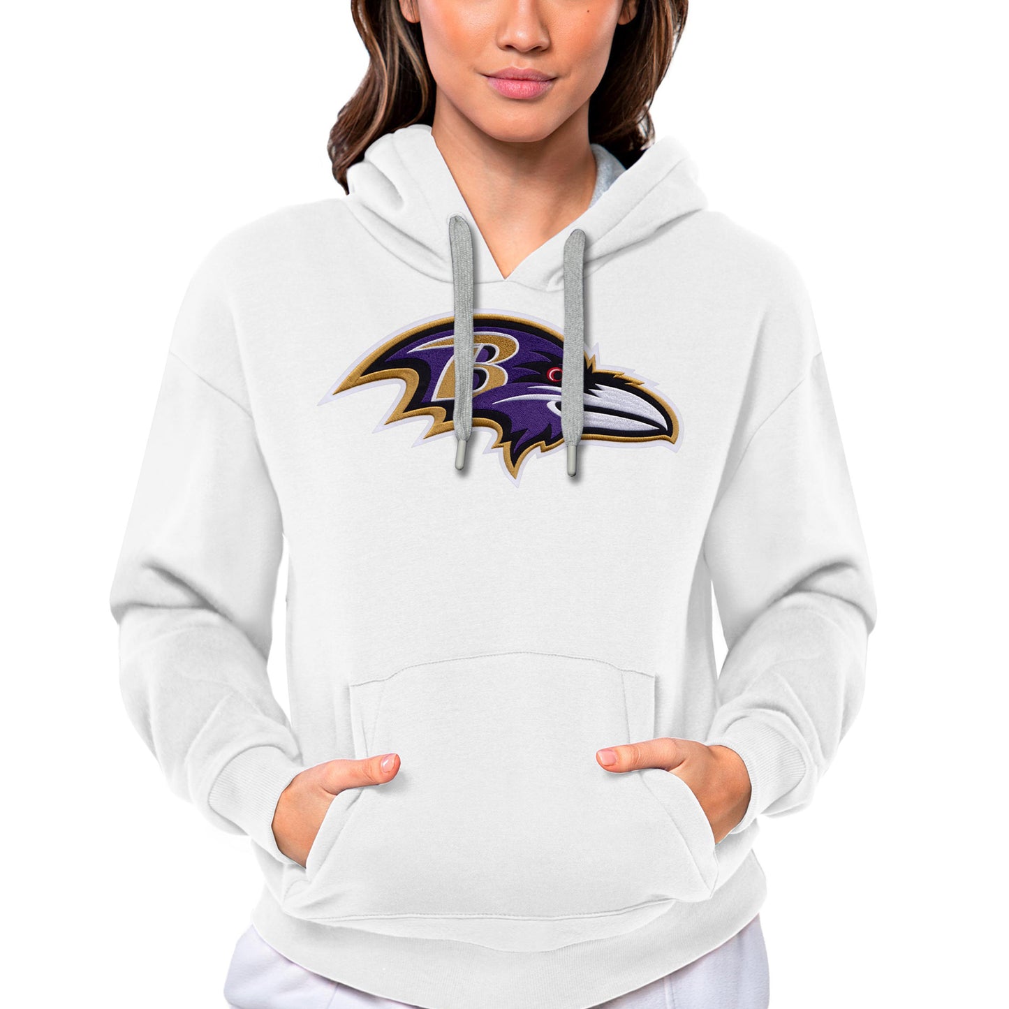 Women's Antigua White Baltimore Ravens Victory Logo Pullover Hoodie