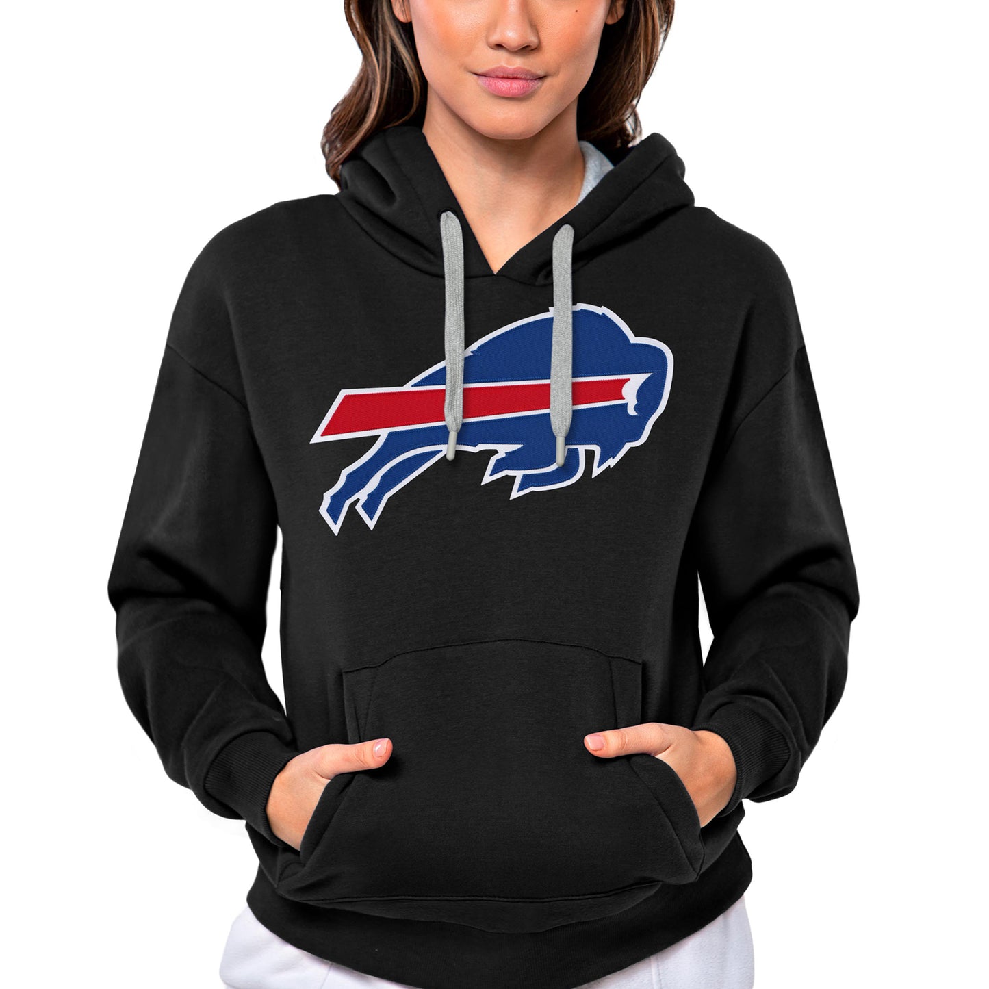 Women's Antigua Black Buffalo Bills Victory Logo Pullover Hoodie