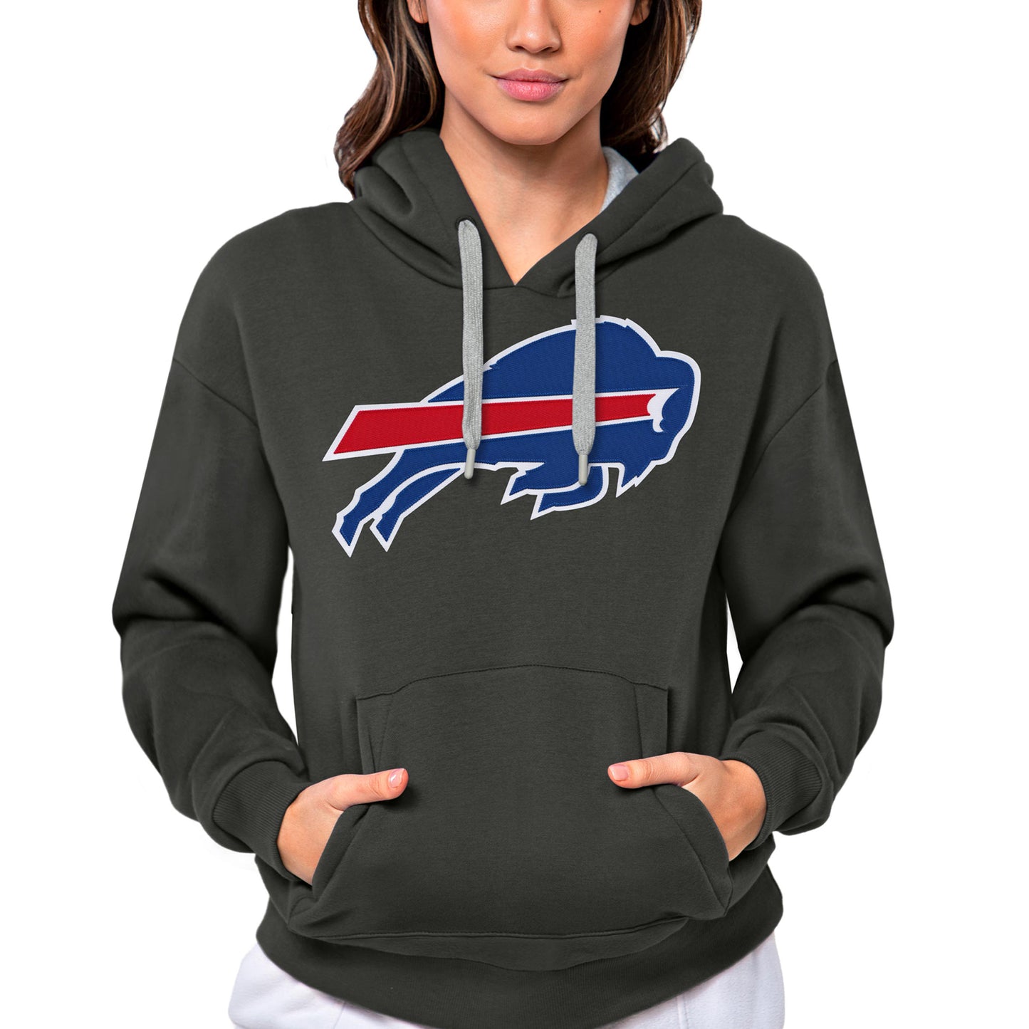 Women's Antigua Charcoal Buffalo Bills Victory Logo Pullover Hoodie