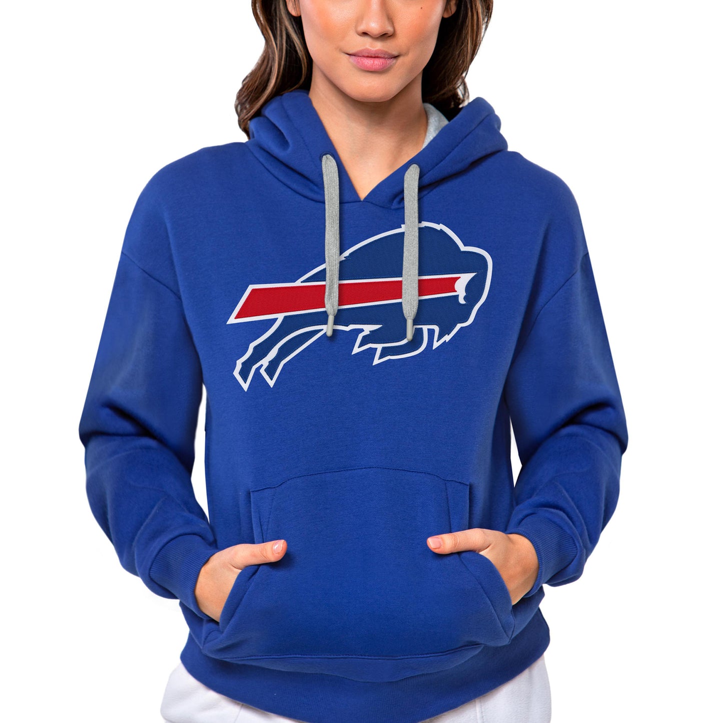 Women's Antigua Royal Buffalo Bills Victory Logo Pullover Hoodie