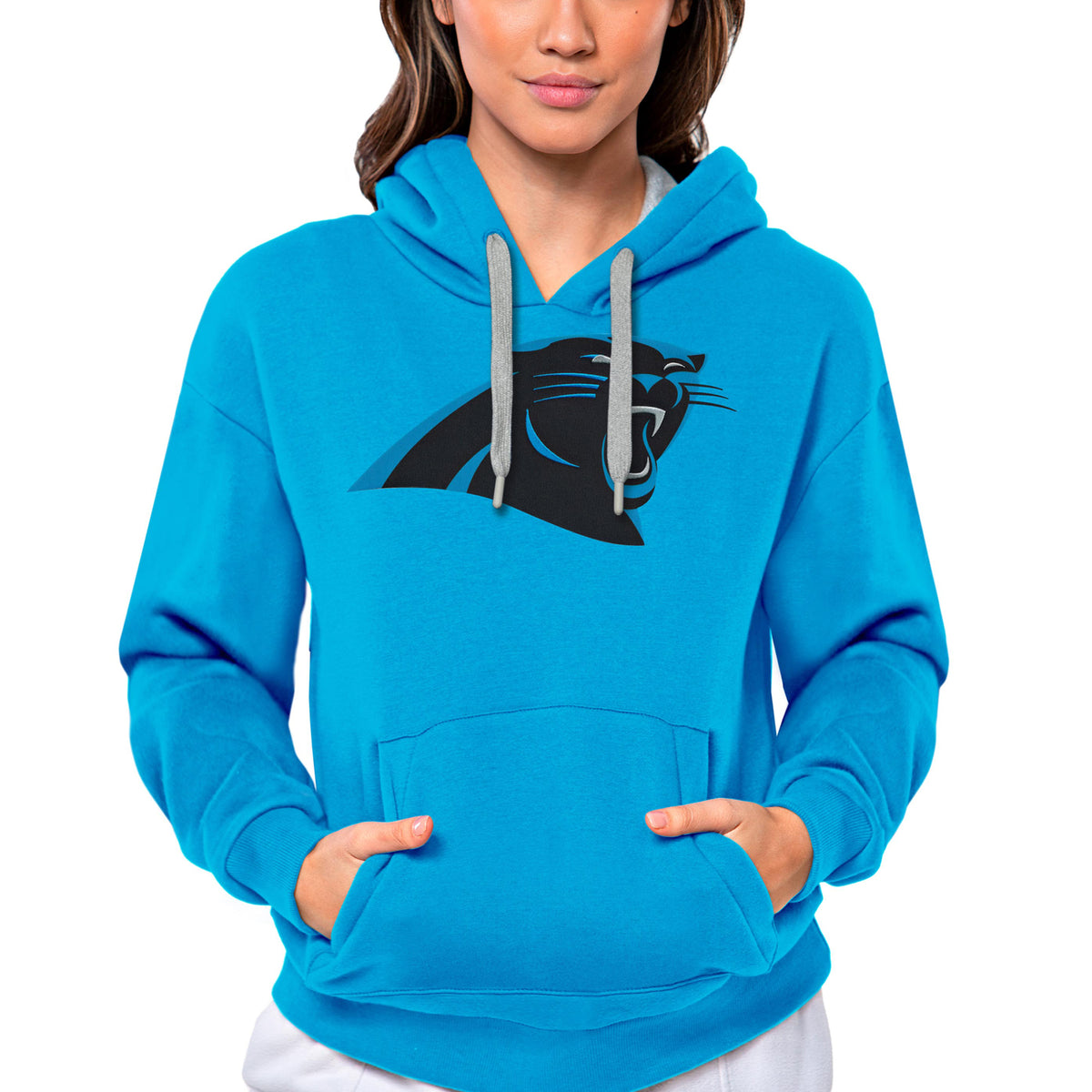 Women's Antigua Blue Carolina Panthers Victory Logo Pullover Hoodie