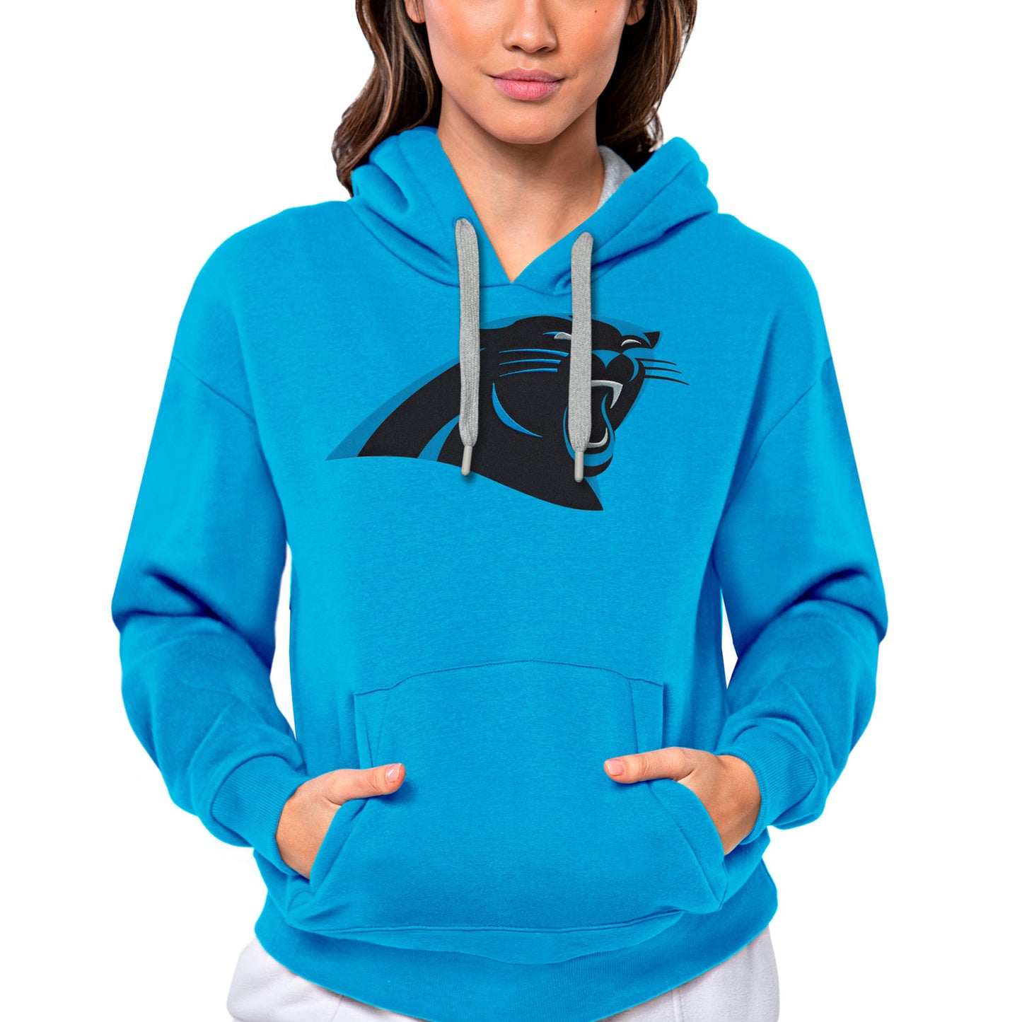 Women's Antigua Blue Carolina Panthers Victory Logo Pullover Hoodie