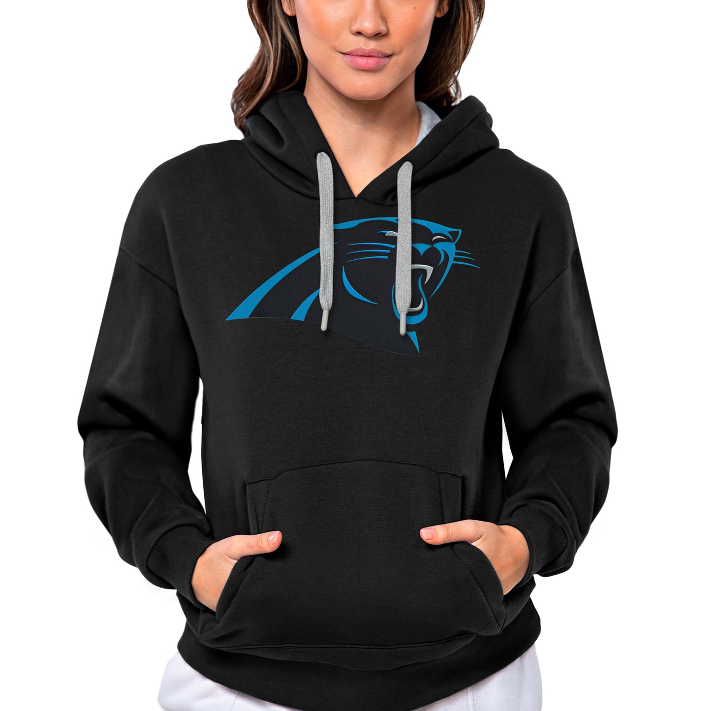 Women's Antigua Black Carolina Panthers Victory Logo Pullover Hoodie