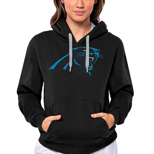 Women's Antigua Black Carolina Panthers Victory Logo Pullover Hoodie