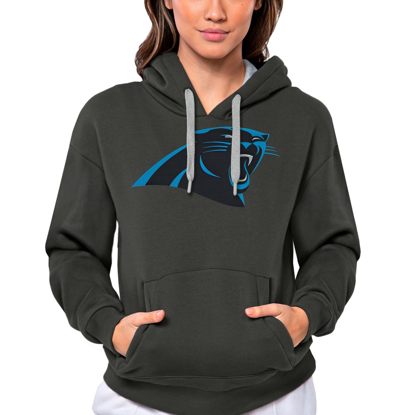 Women's Antigua Charcoal Carolina Panthers Victory Logo Pullover Hoodie