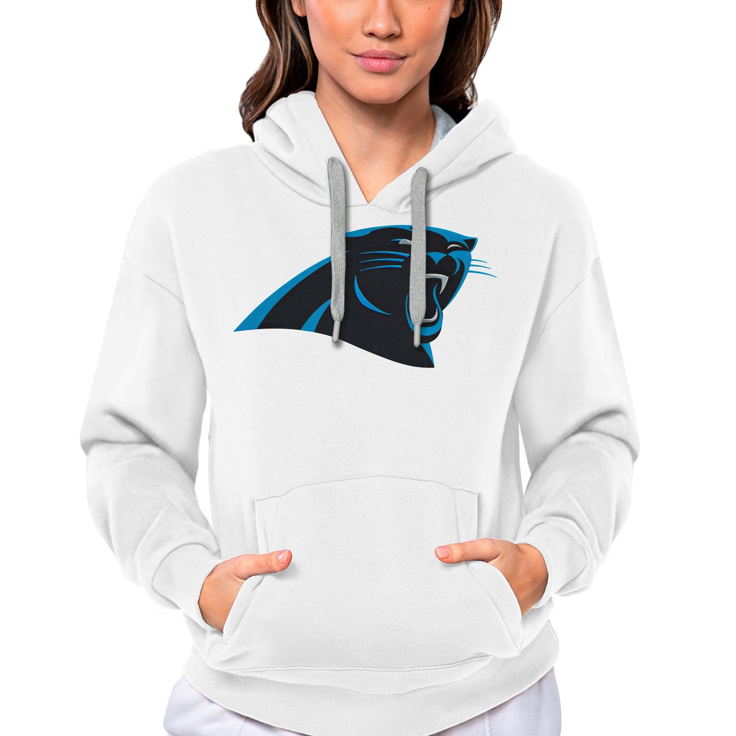 Women's Antigua White Carolina Panthers Victory Logo Pullover Hoodie