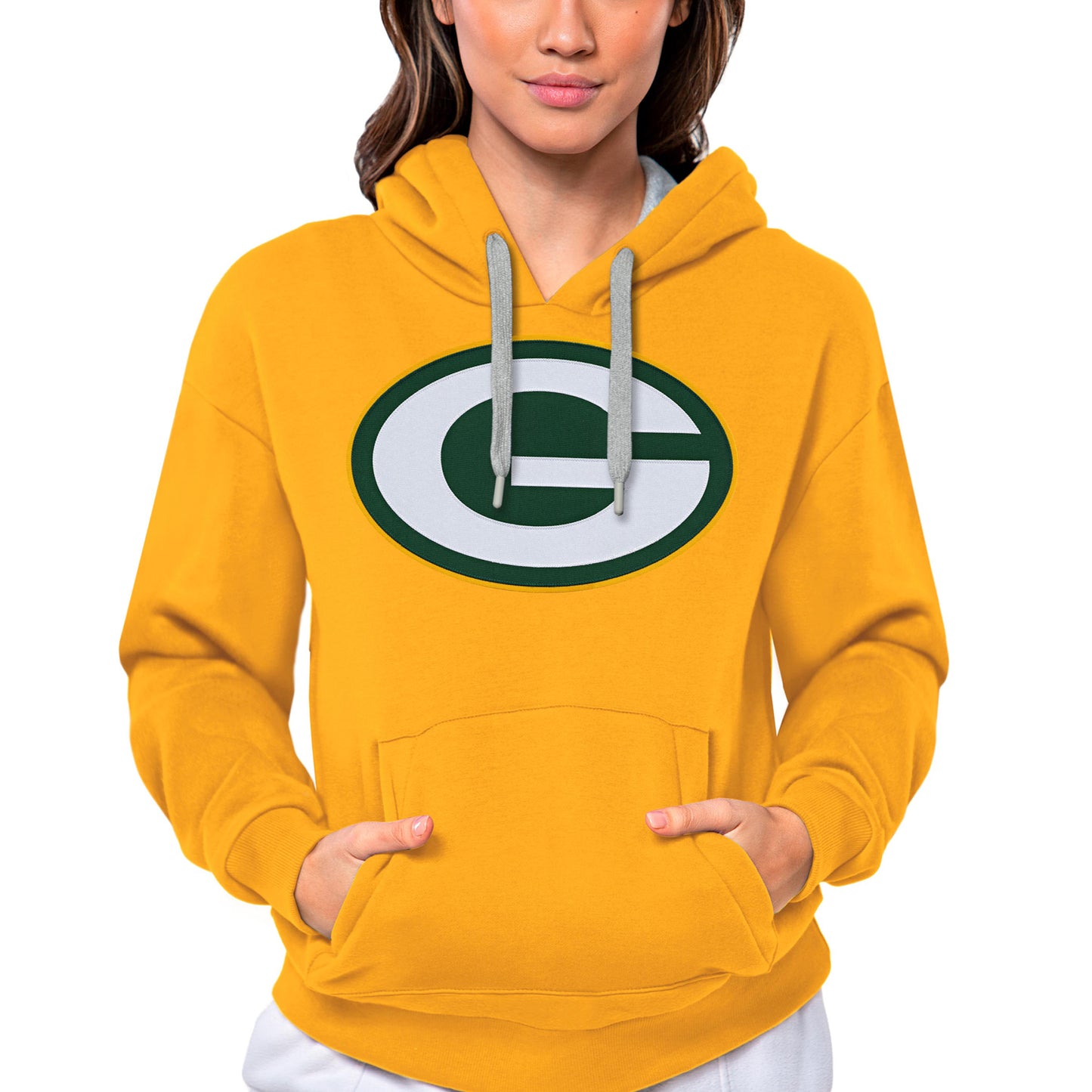 Women's Antigua Gold Green Bay Packers Victory Logo Pullover Hoodie