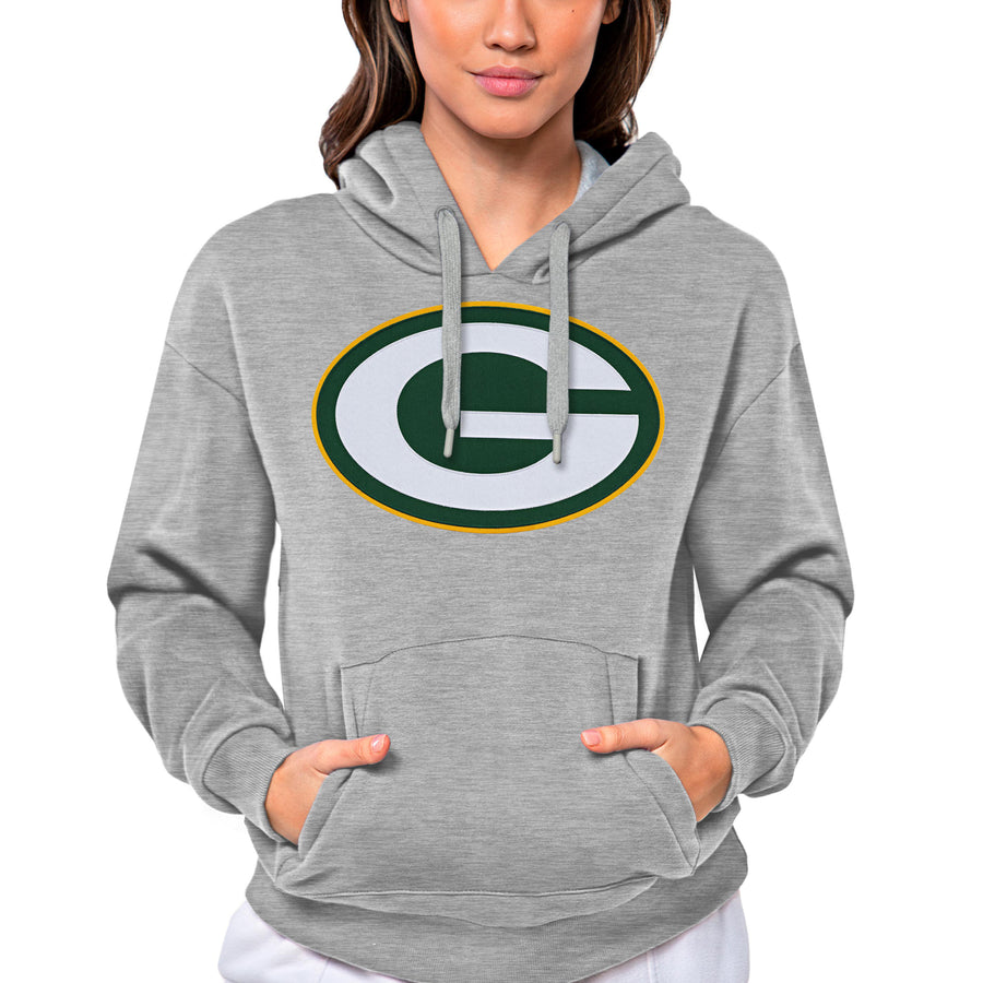 Women's Antigua Heathered Gray Green Bay Packers Victory Logo Pullover Hoodie