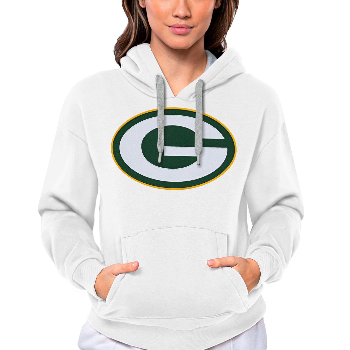 Women's Antigua White Green Bay Packers Victory Logo Pullover Hoodie