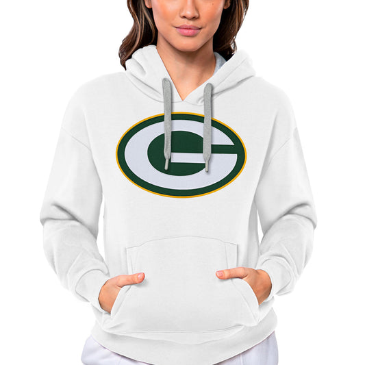 Women's Antigua White Green Bay Packers Victory Logo Pullover Hoodie