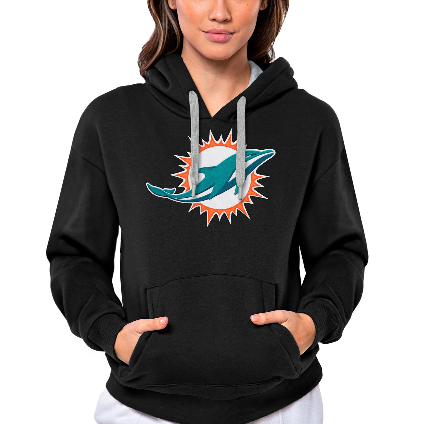 Women's Antigua Black Miami Dolphins Victory Logo Pullover Hoodie