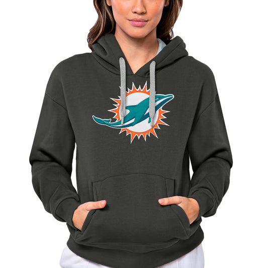 Women's Antigua Charcoal Miami Dolphins Victory Logo Pullover Hoodie