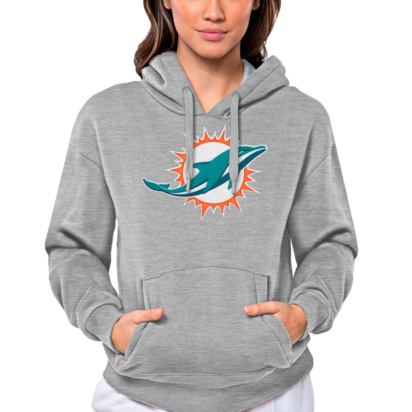 Women's Antigua Heathered Gray Miami Dolphins Victory Logo Pullover Hoodie