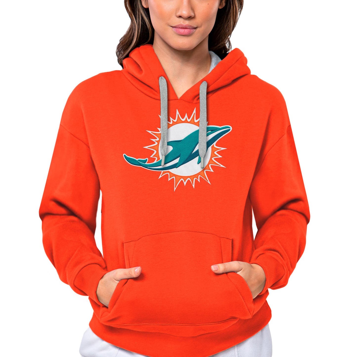 Women's Antigua Orange Miami Dolphins Victory Logo Pullover Hoodie