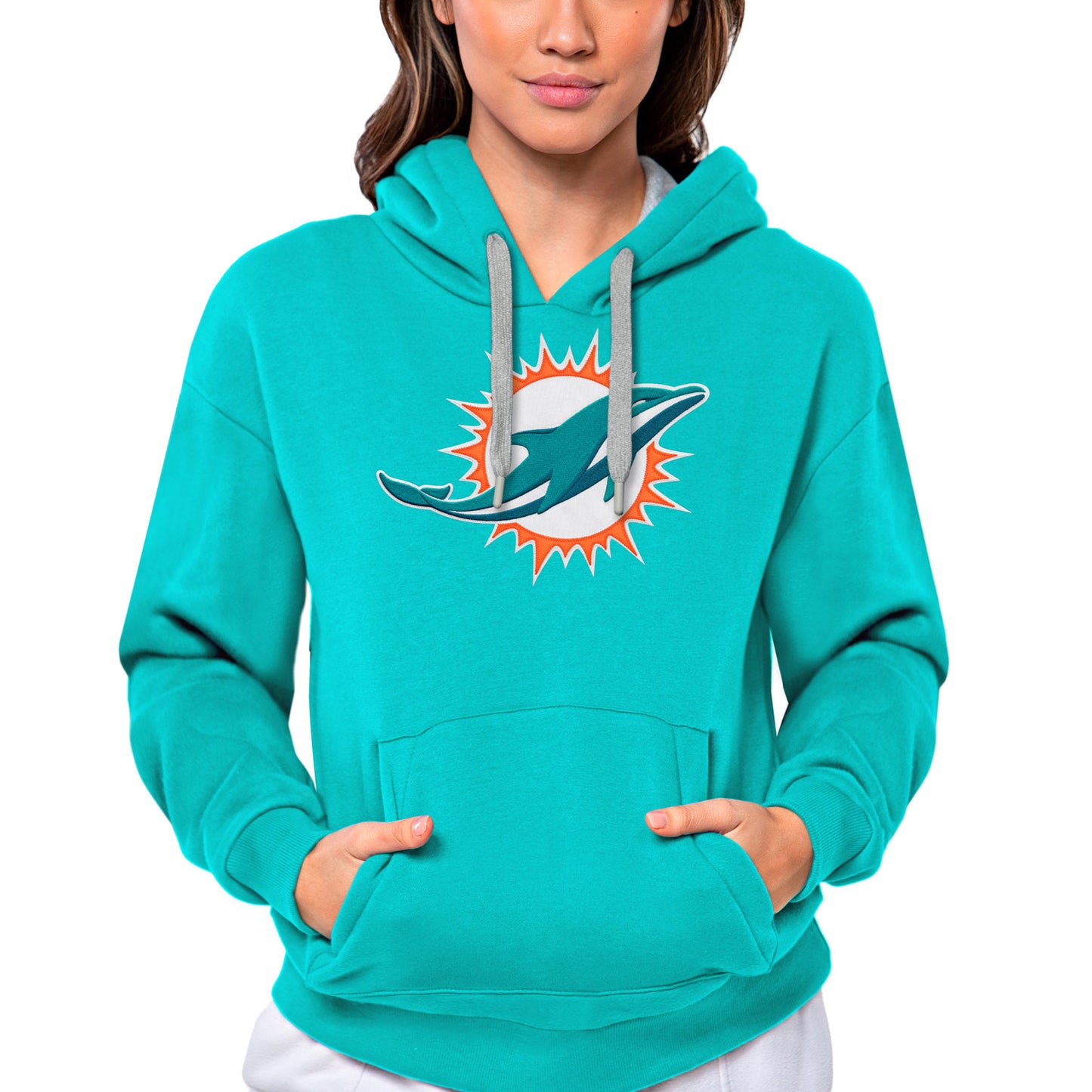 Women's Antigua Aqua Miami Dolphins Victory Logo Pullover Hoodie