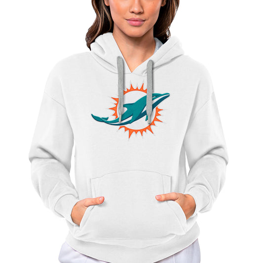 Women's Antigua White Miami Dolphins Victory Logo Pullover Hoodie