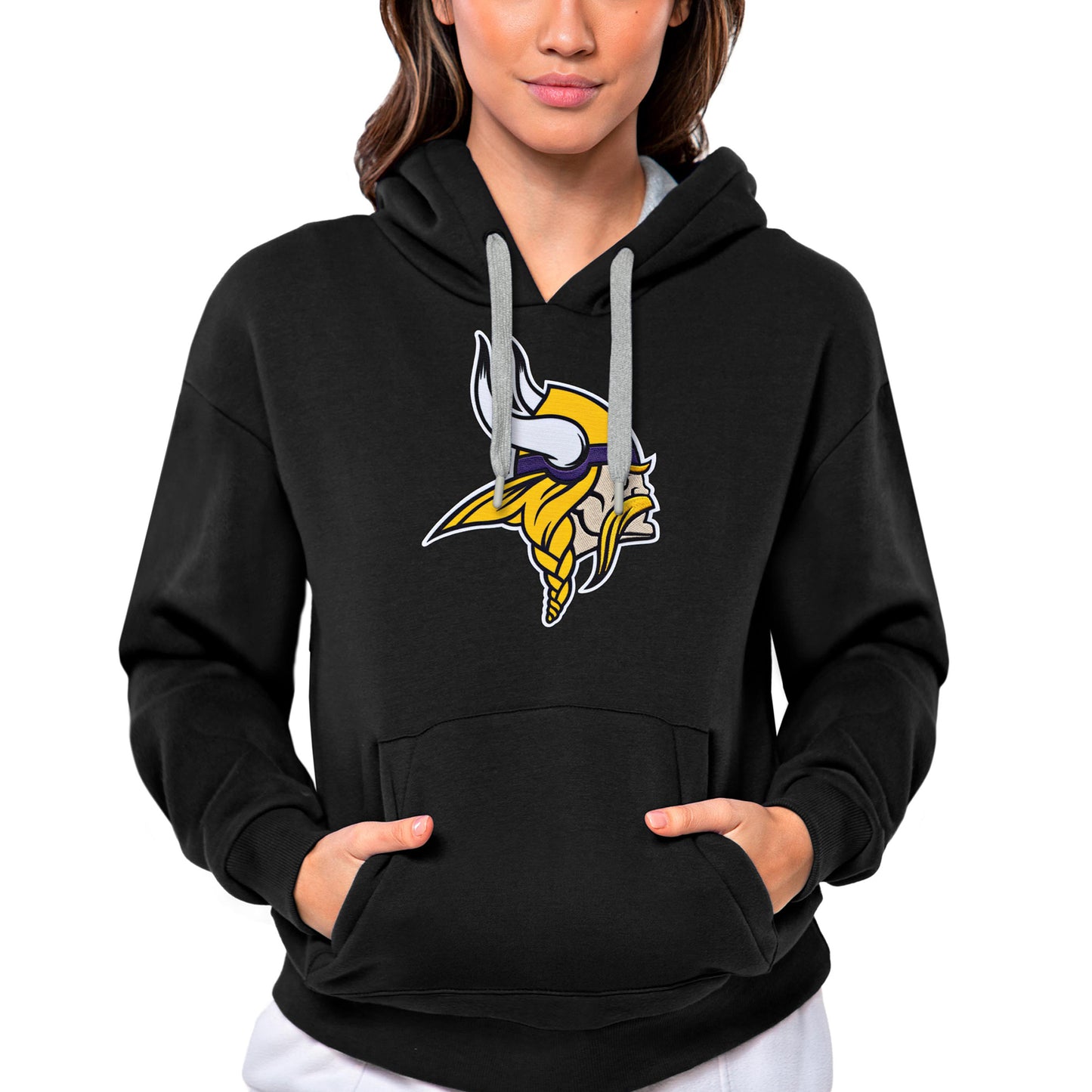 Women's Antigua Black Minnesota Vikings Victory Logo Pullover Hoodie