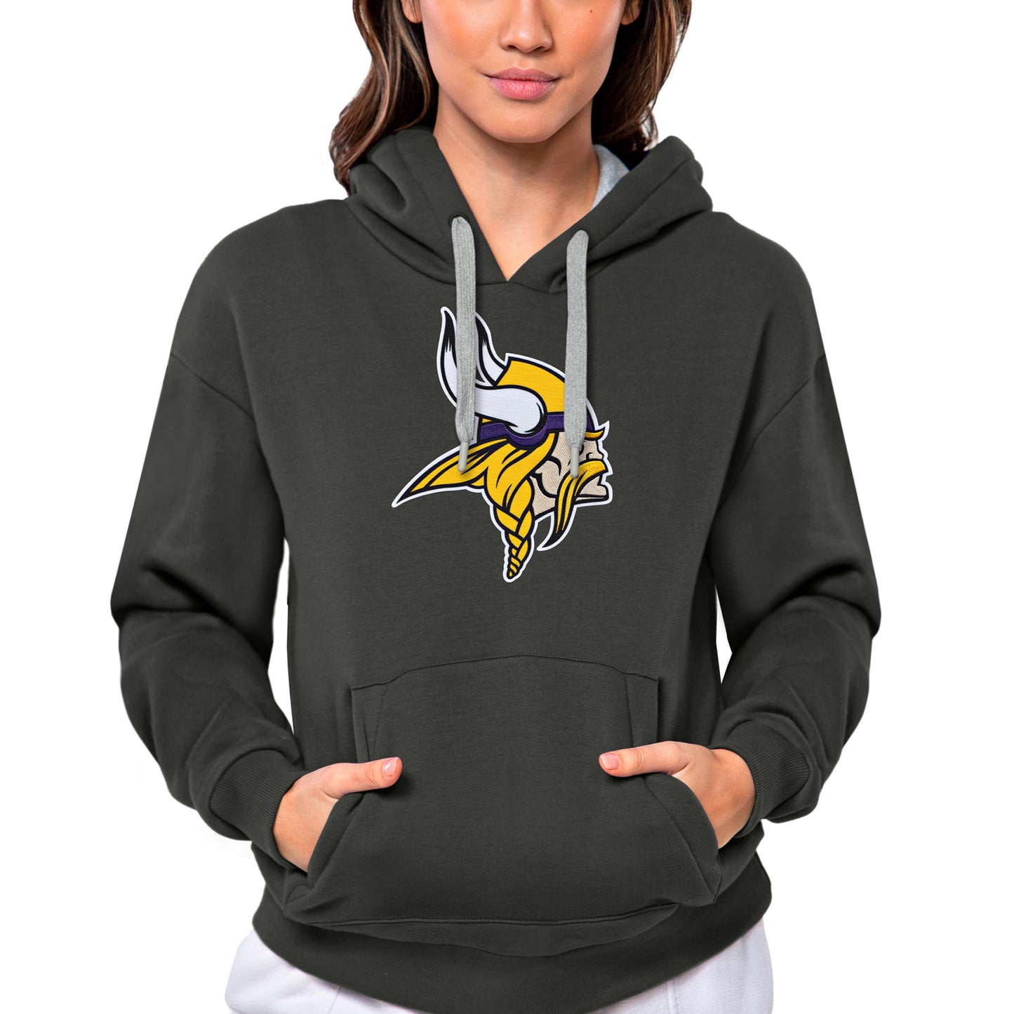 Women's Antigua Charcoal Minnesota Vikings Victory Logo Pullover Hoodie