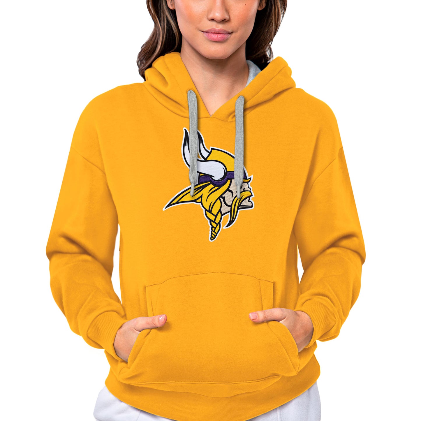 Women's Antigua Gold Minnesota Vikings Victory Logo Pullover Hoodie