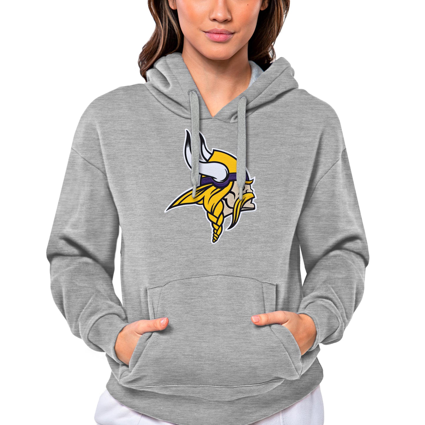 Women's Antigua Heathered Gray Minnesota Vikings Victory Logo Pullover Hoodie