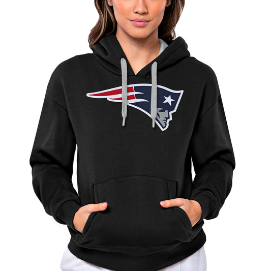 Women's Antigua Black New England Patriots Victory Logo Pullover Hoodie