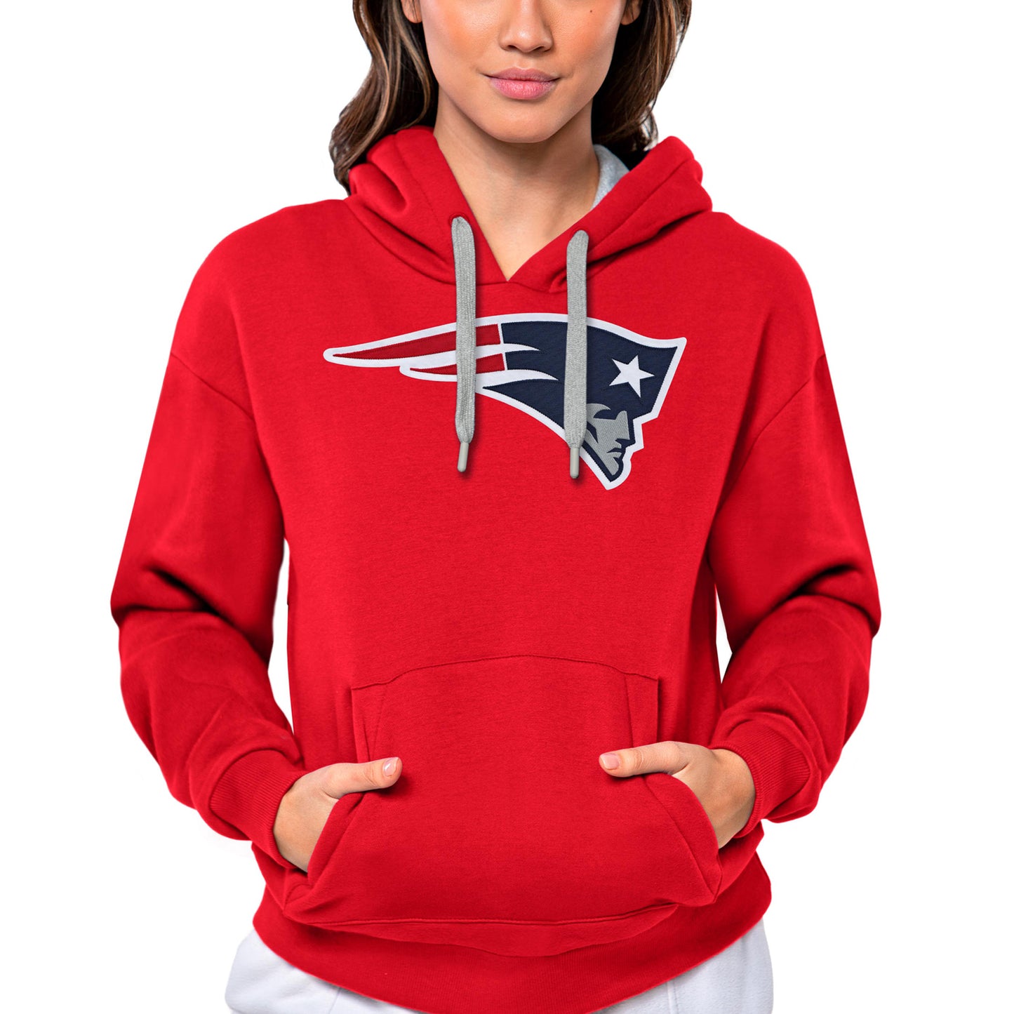 Women's Antigua Light Red New England Patriots Victory Logo Pullover Hoodie