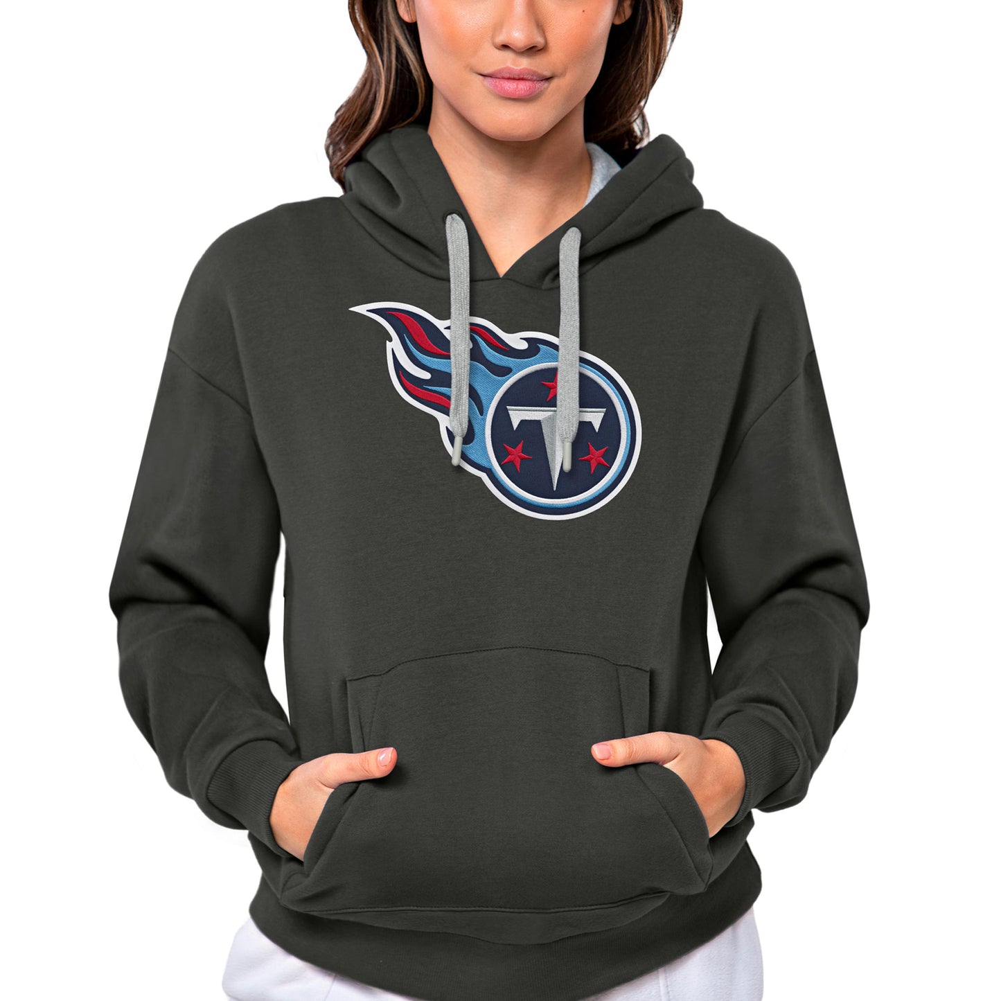 Women's Antigua Charcoal Tennessee Titans Victory Logo Pullover Hoodie