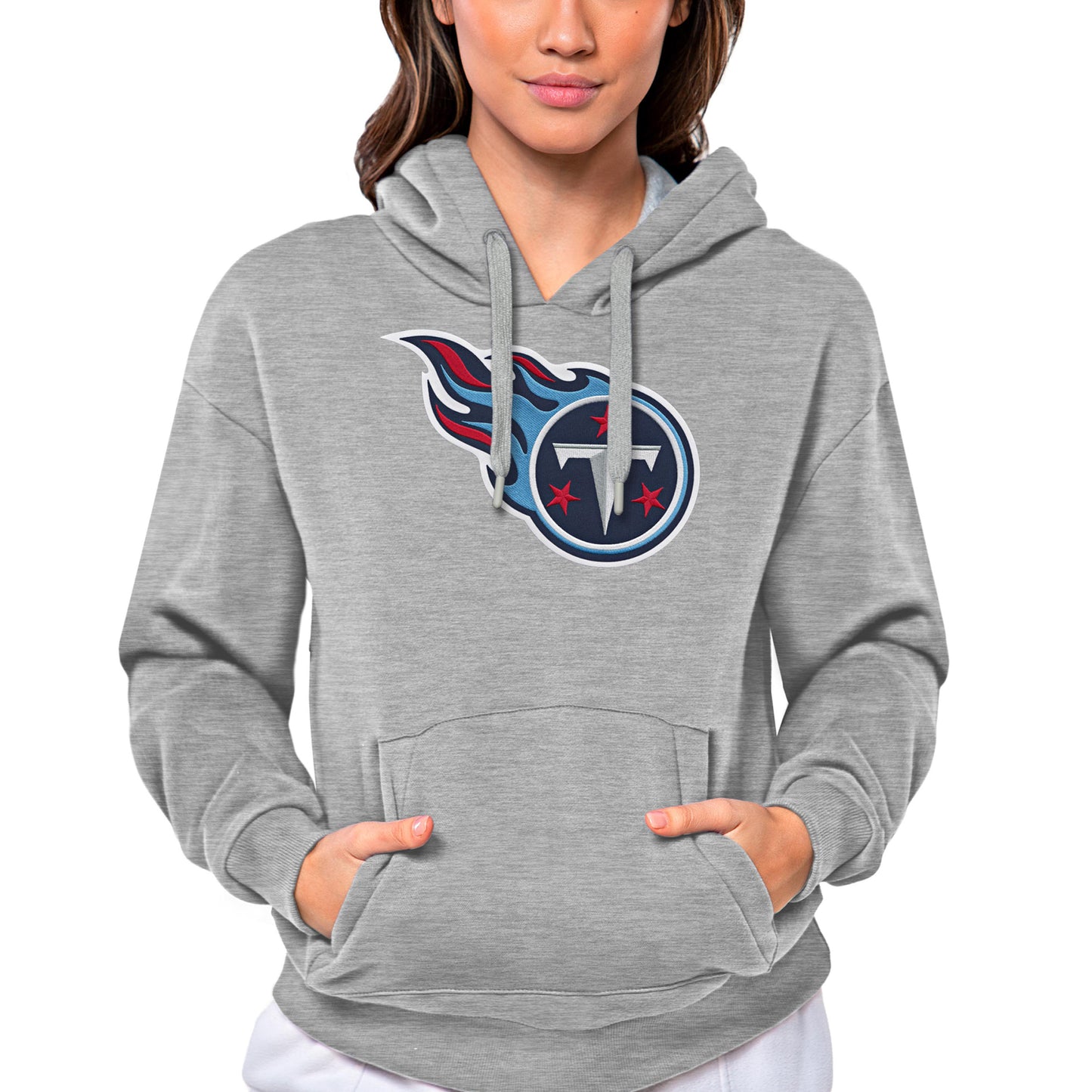 Women's Antigua Heathered Gray Tennessee Titans Victory Logo Pullover Hoodie