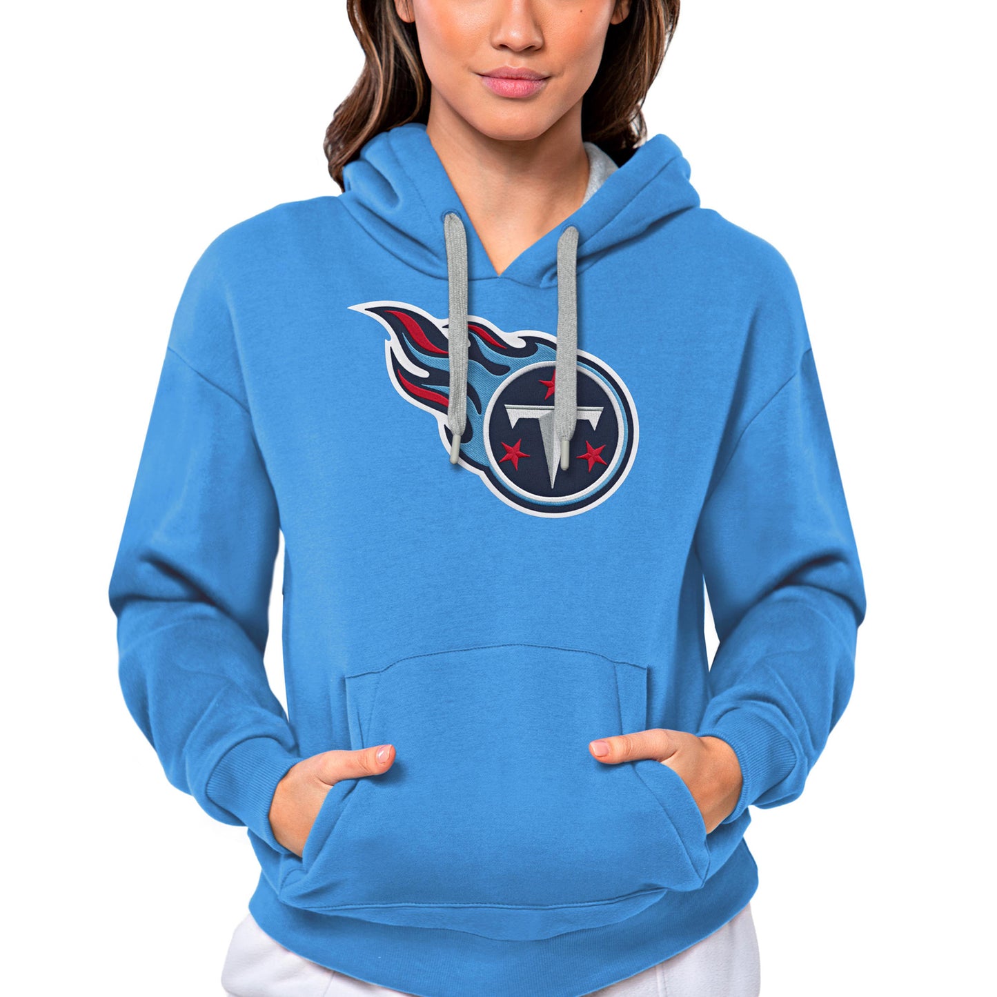 Women's Antigua Light Blue Tennessee Titans Victory Logo Pullover Hoodie