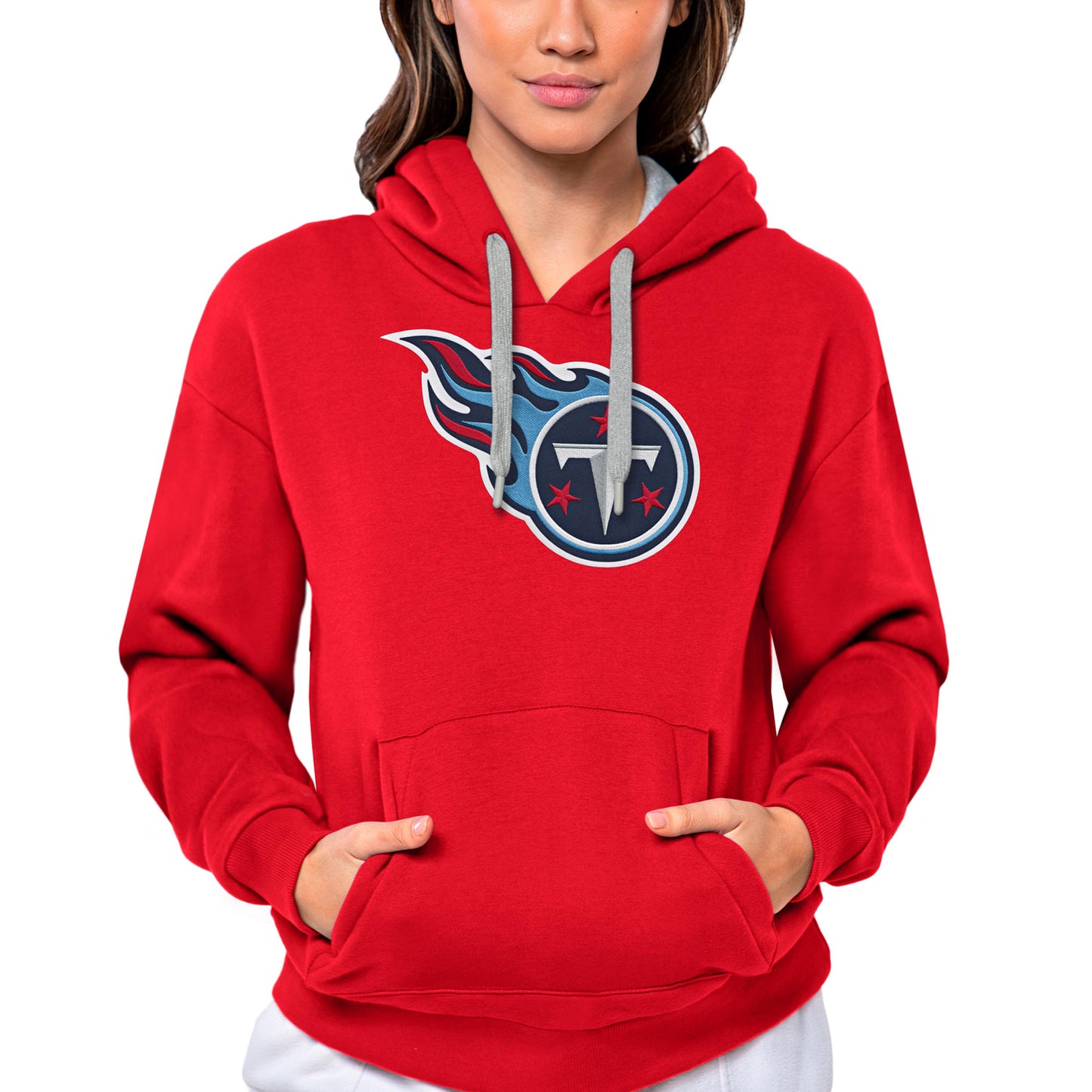 Women's Antigua Light Red Tennessee Titans Victory Logo Pullover Hoodie