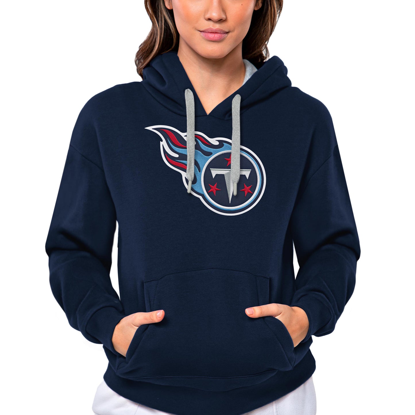 Women's Antigua Navy Tennessee Titans Victory Logo Pullover Hoodie