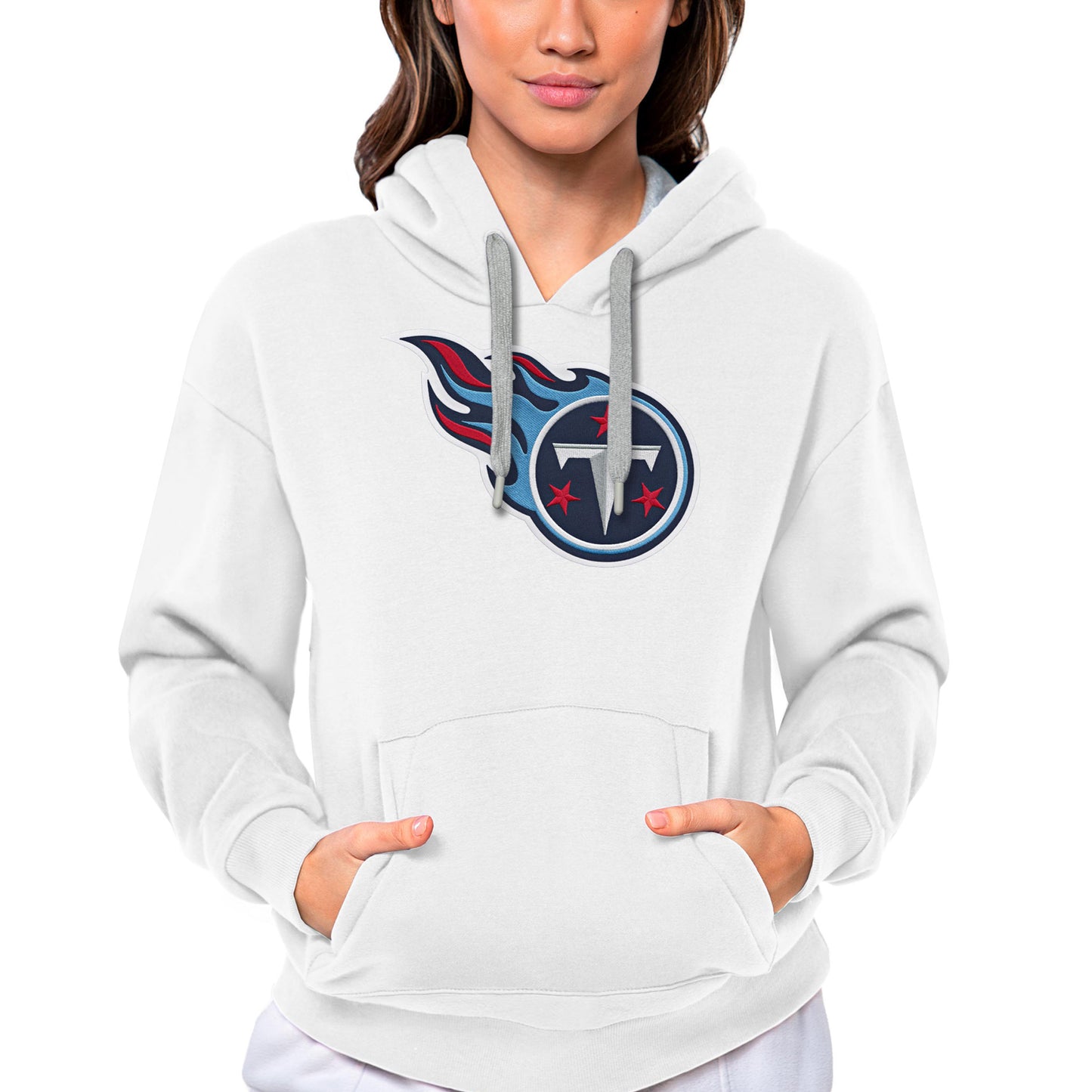 Women's Antigua White Tennessee Titans Victory Logo Pullover Hoodie