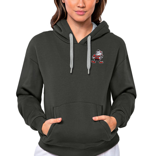 Women's Antigua Charcoal Cleveland Browns Brownie The Elf Historic Victory Pullover Hoodie