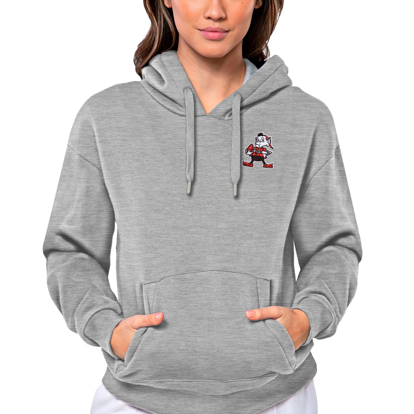 Women's Antigua Heather Gray Cleveland Browns Brownie The Elf Historic Victory Pullover Hoodie