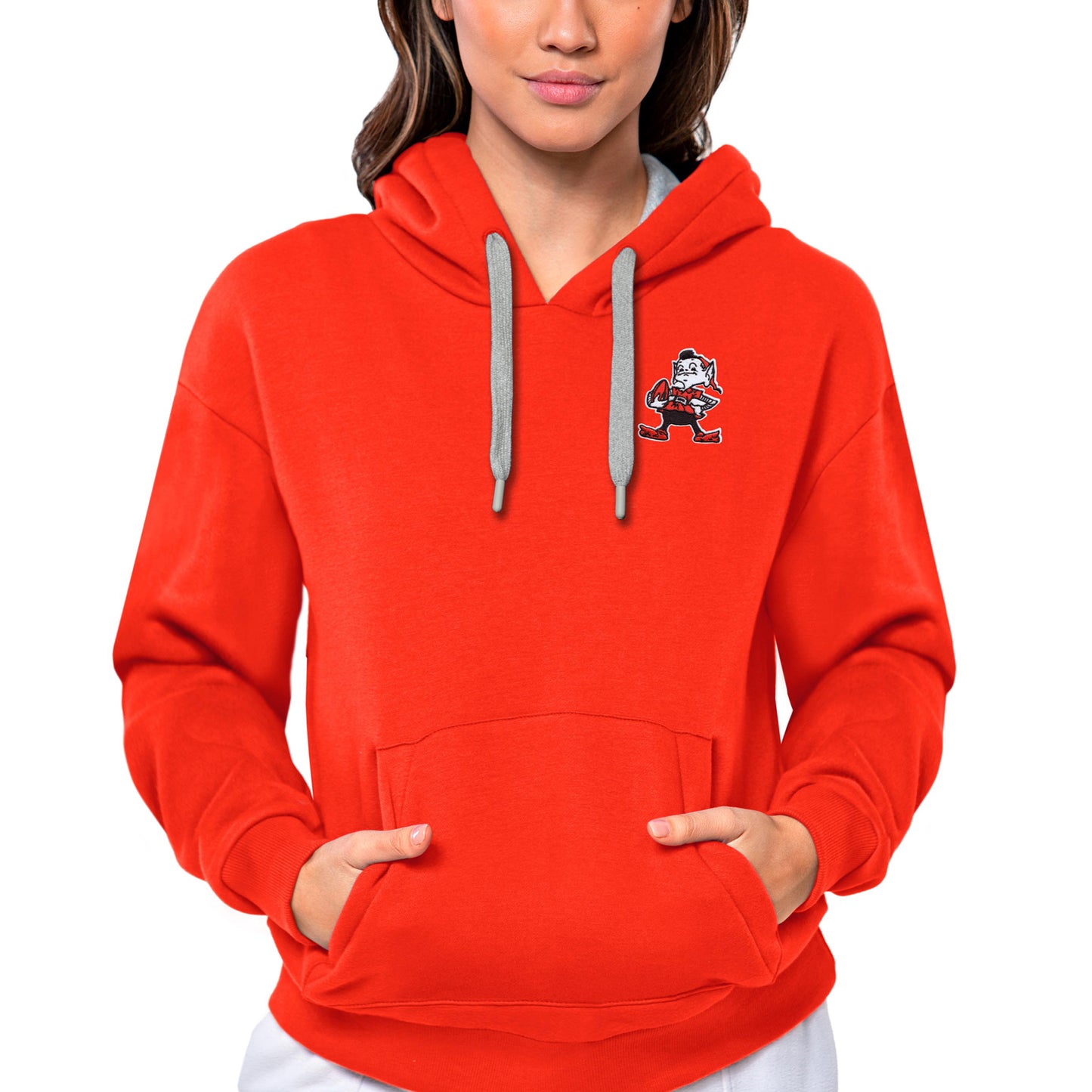 Women's Antigua Orange Cleveland Browns Brownie The Elf Historic Victory Pullover Hoodie