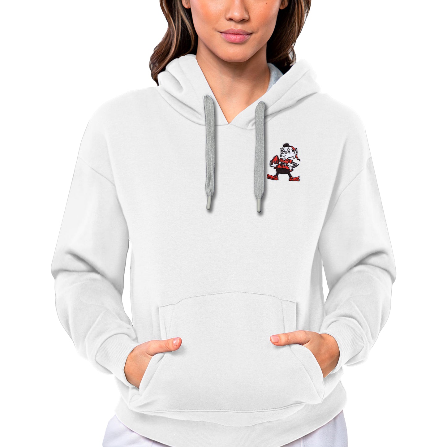 Women's Antigua White Cleveland Browns Brownie The Elf Historic Victory Pullover Hoodie