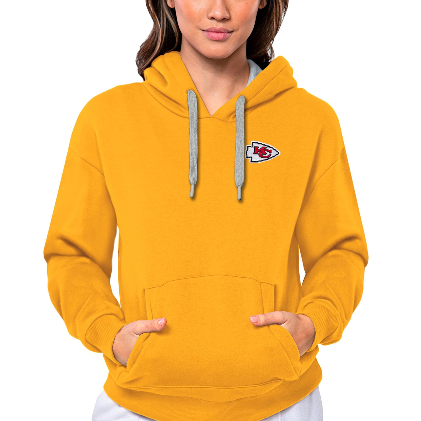 Women's Antigua Gold Kansas City Chiefs Victory Pullover Hoodie