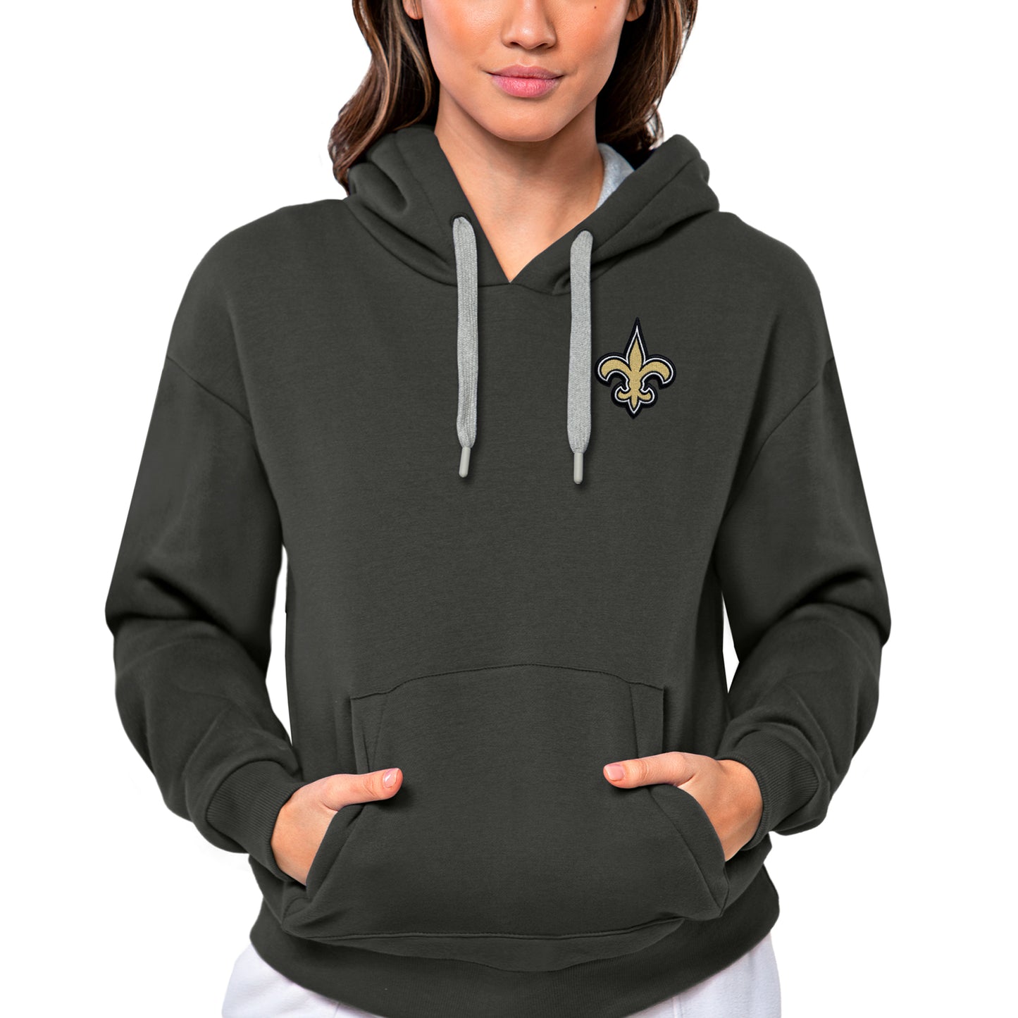 Women's Antigua Charcoal New Orleans Saints Victory Pullover Hoodie