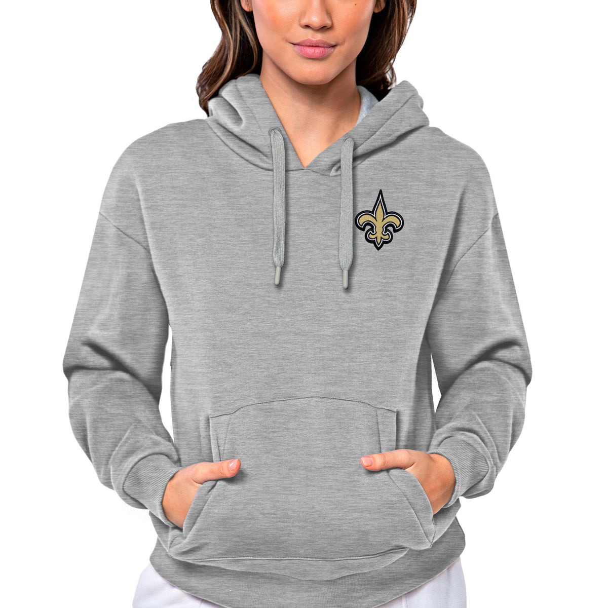 Women's Antigua Heathered Gray New Orleans Saints Victory Pullover Hoodie