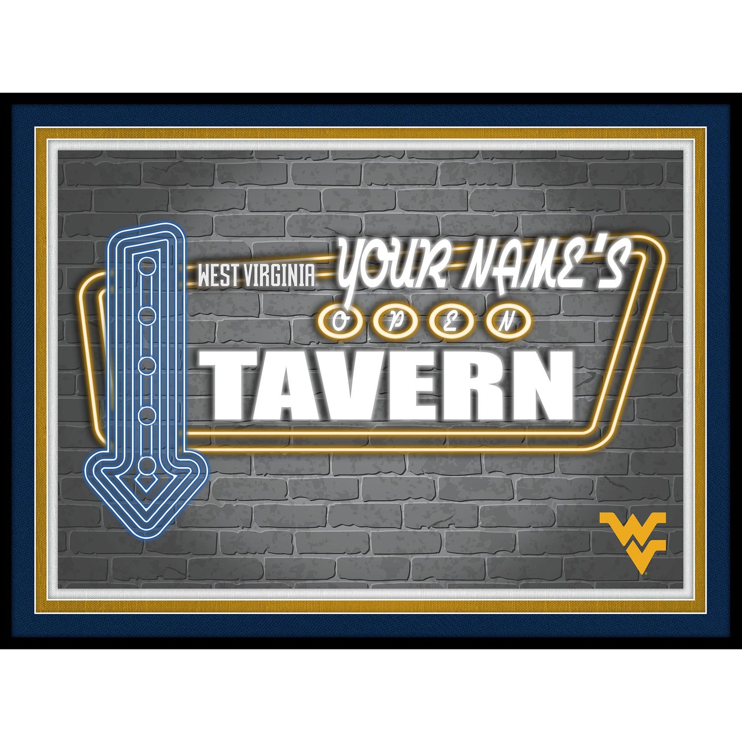 Black West Virginia Mountaineers 12'' x 16'' Personalized Framed Neon Tavern Print