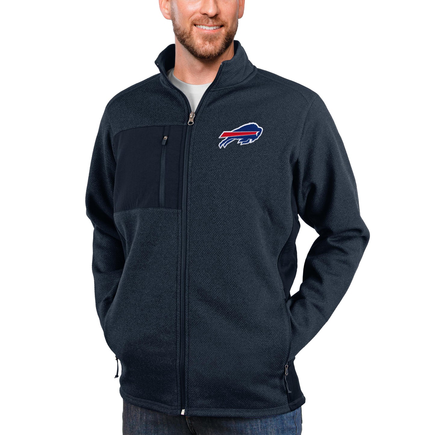 Men's Antigua Heathered Navy Buffalo Bills Course Full-Zip Jacket