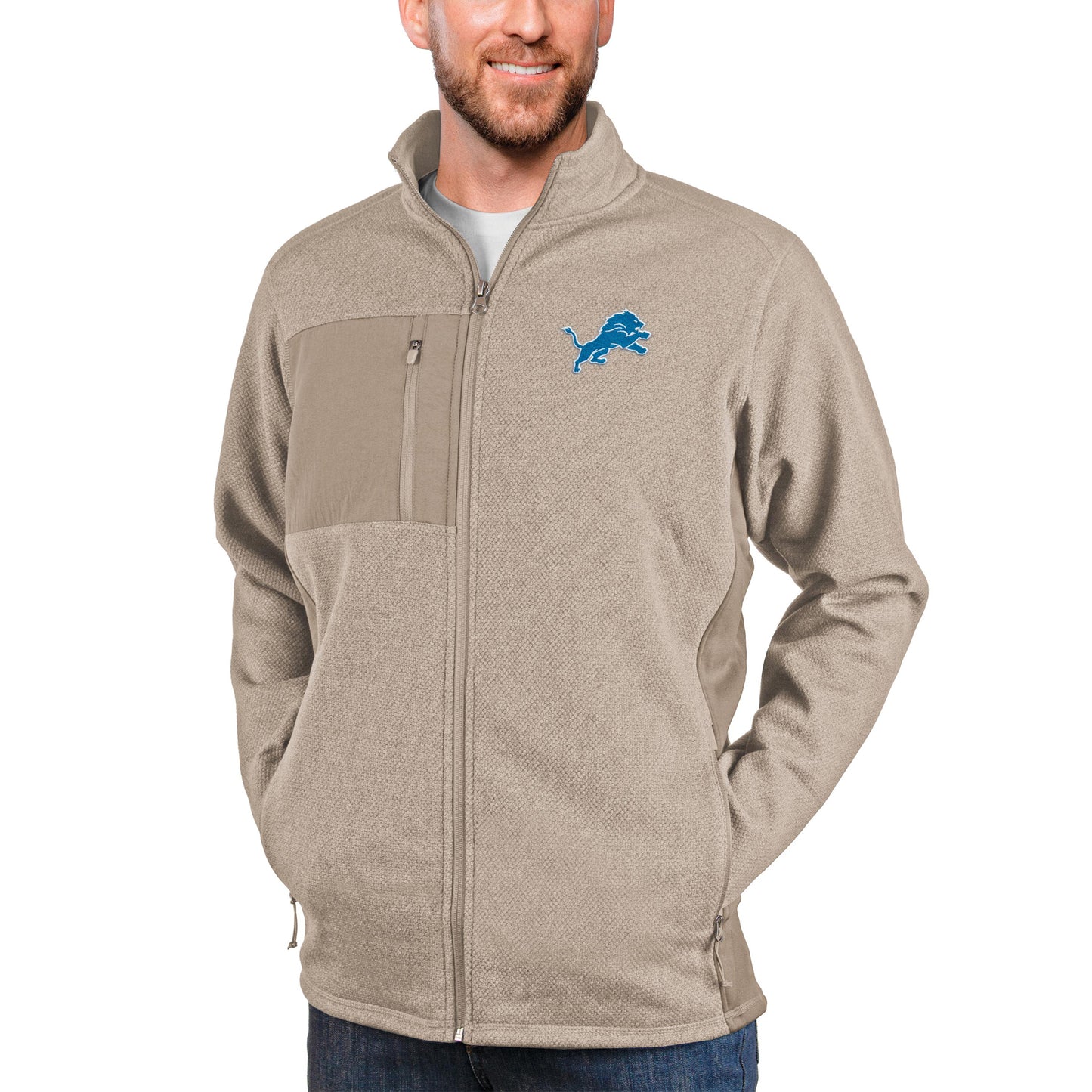 Men's Antigua Oatmeal Detroit Lions Course Full-Zip Jacket