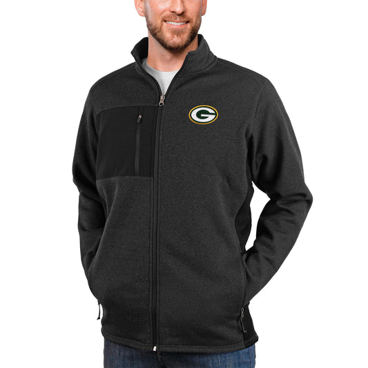 Men's Antigua Heathered Black Green Bay Packers Course Full-Zip Jacket