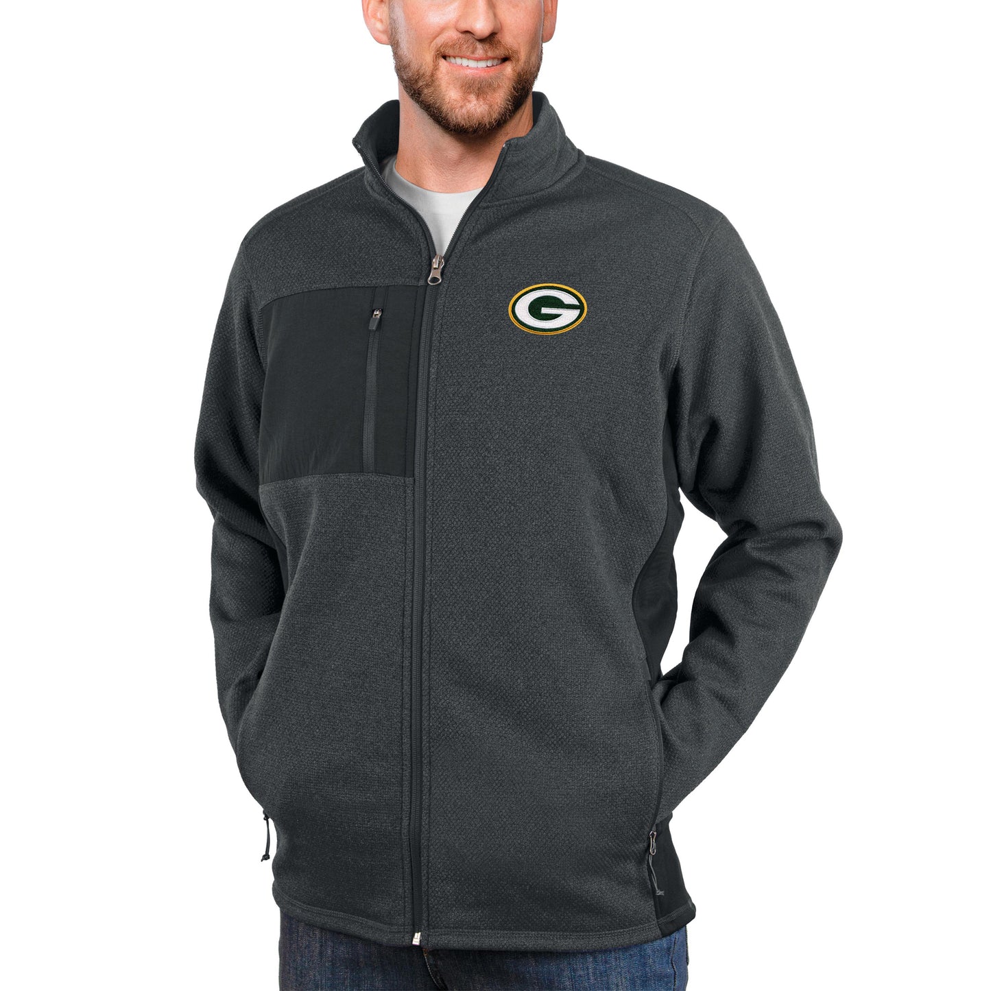 Men's Antigua Heathered Charcoal Green Bay Packers Course Full-Zip Jacket