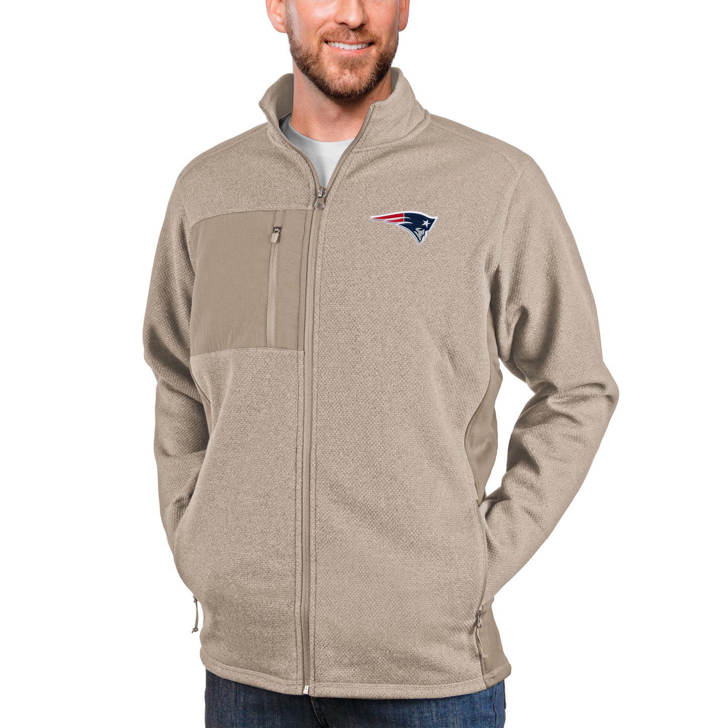 Men's Antigua Oatmeal New England Patriots Course Full-Zip Jacket