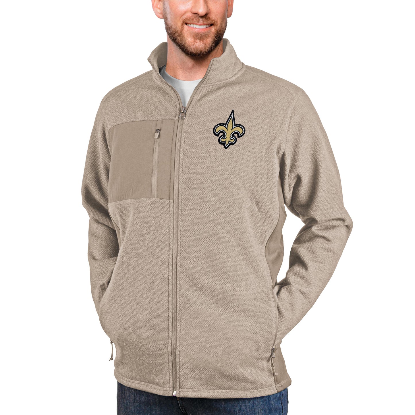 Men's Antigua Oatmeal New Orleans Saints Course Full-Zip Jacket