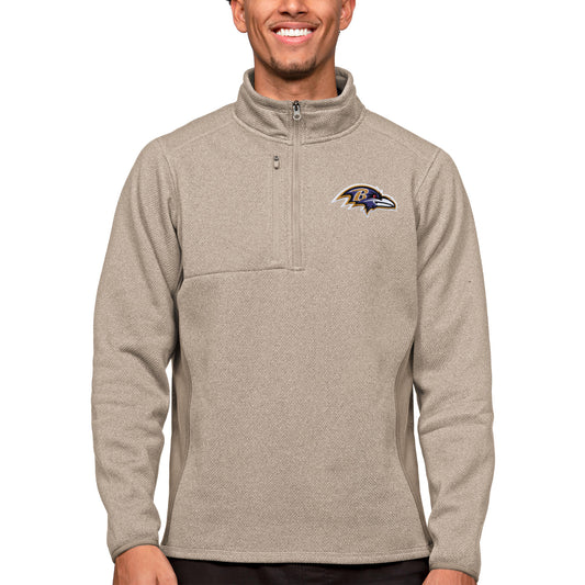 Men's Antigua Oatmeal Baltimore Ravens Course Quarter-Zip Pullover Top